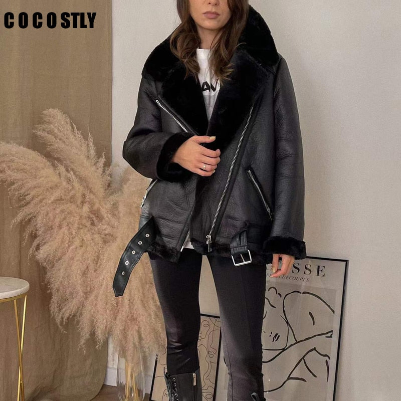 Faux Leather Fur Coat